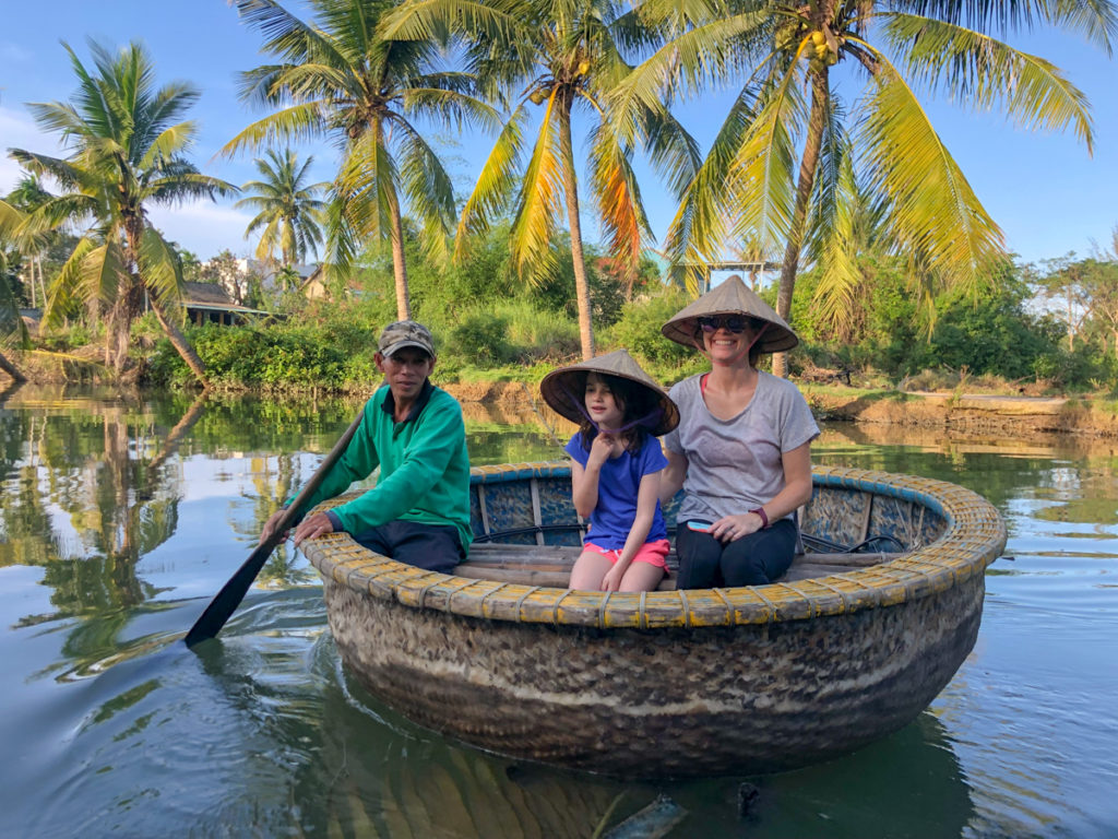 Riding in a basket boat is so fun for kids in Vietnam