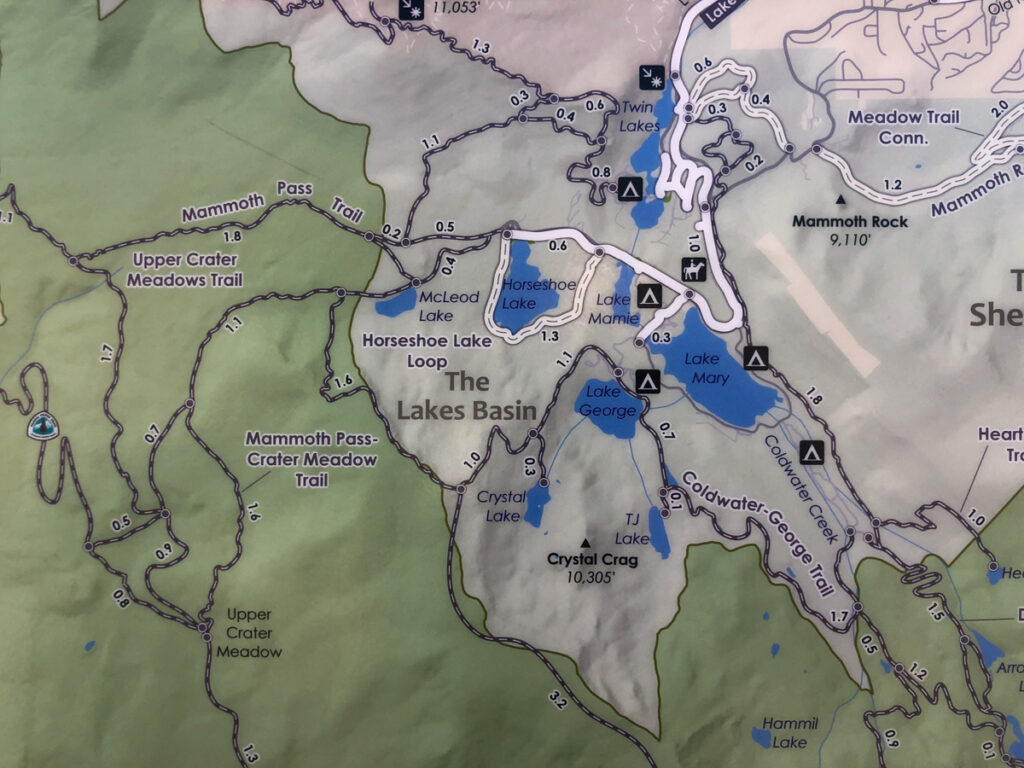Map of the Lakes Basin Area in Mammoth Lakes CA