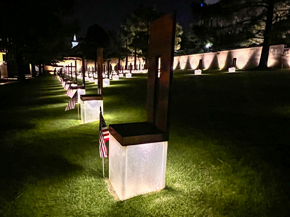 Oklahoma City Memorial and Museum lit up at night