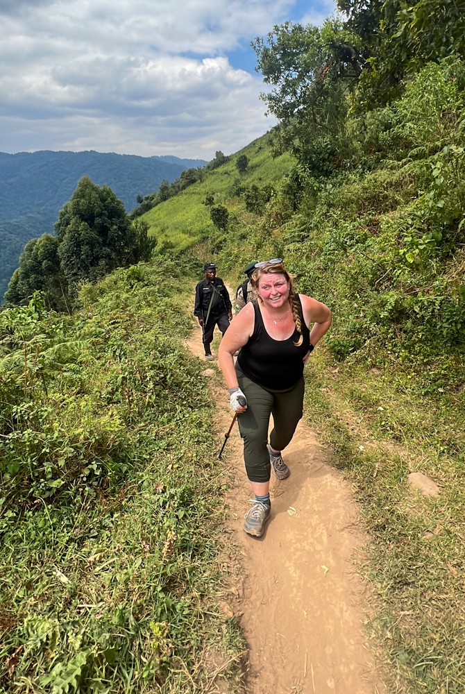hiking up a mountain in Uganda