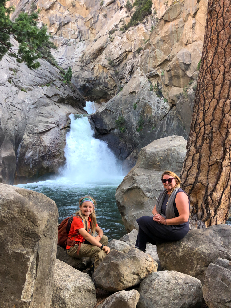 mom and son at roaring rapids in Kings Canyon National park