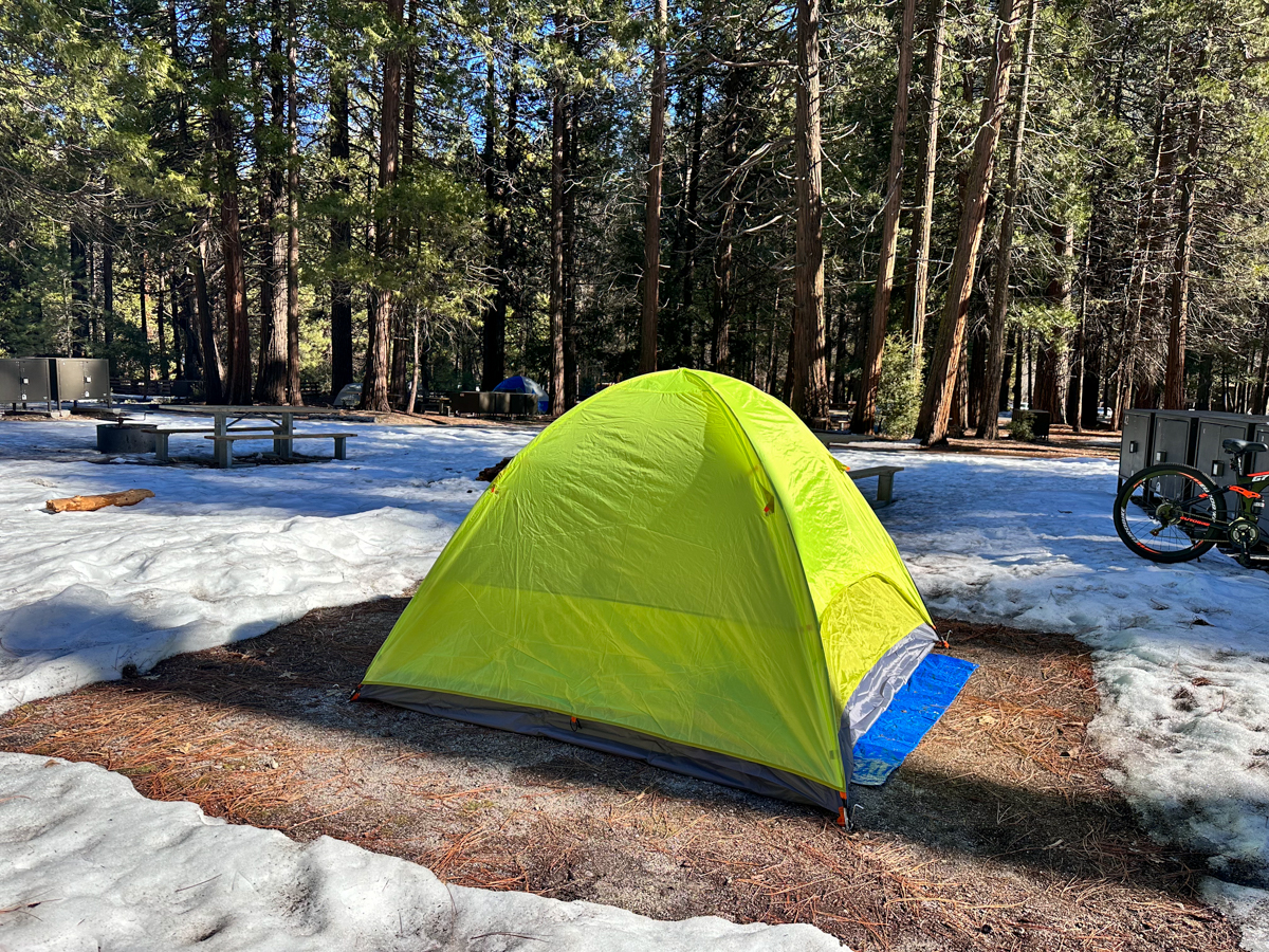 green tent in the snow at Yosemite