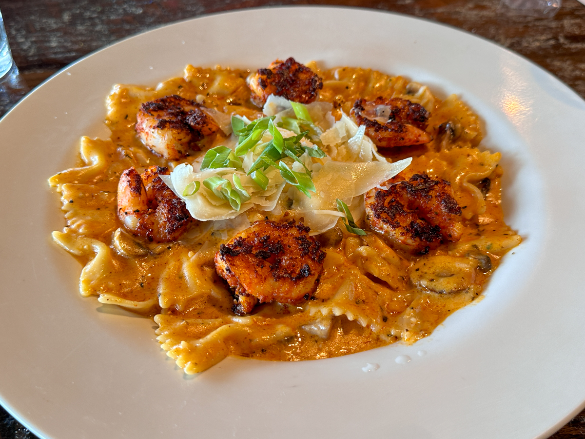 Eating seafood on a Florida Keys trip is a must do! Here is a shrimp pasta at the Waterfront Brewery